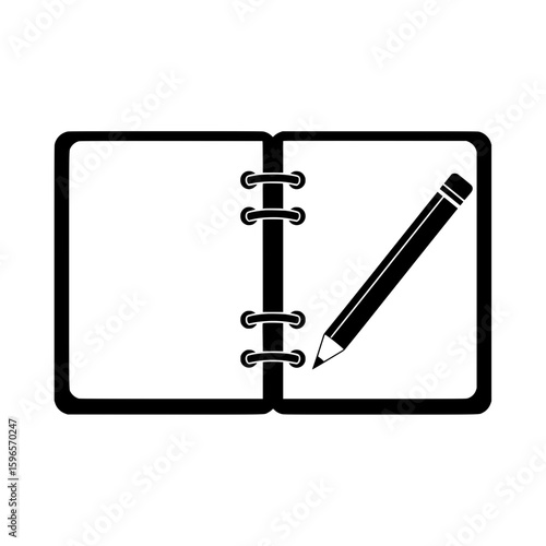 Simple black vector illustration of an open notebook with a spiral binding in the middle and a pencil placed on the right page.