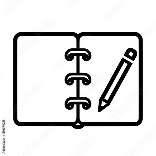 Simple black vector illustration of an open notebook with a spiral binding in the middle and a pencil placed on the right page.