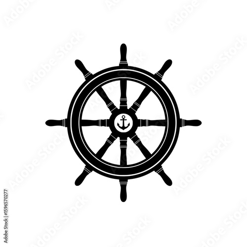 Black and white vector icon illustration of an elegant ship's steering wheel with an anchor in the center. 