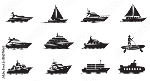 Collection of black and white boat illustrations depicting different watercraft and paddle boarding