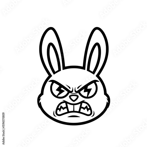 Black  vector illustration of an expressive and angry cartoon rabbit head.