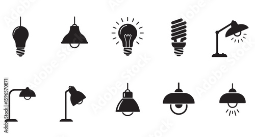 Collection of black and white vector illustrations depicting various light fixtures and bulbs