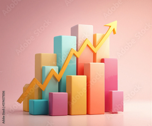 Rising abstract business chart showing growth with colorful bars on a soft gradient background