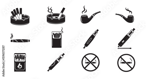 Collection of illustrated icons depicting various smoking products and anti-smoking symbols