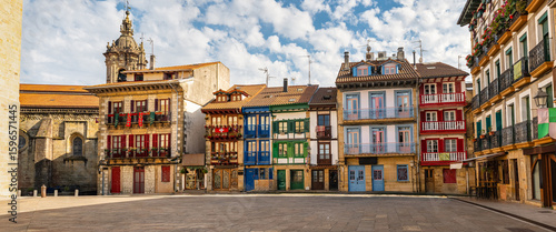 Main square of the Basque town of Hondarribia with its picturesque colorful houses and flower pots, Guipuzcoa, Spain