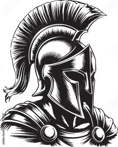 Black and white vector illustration of an ancient spartan warrior head. Classic Greek hoplite or Roman gladiator mascot.