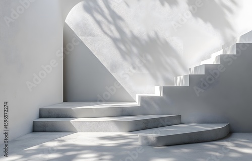 Minimalist White Staircase with Leaf Shadow Play in Modern Archi