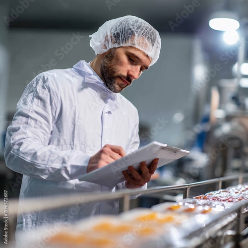 Quality control inspector ensures food safety on a production line processing food