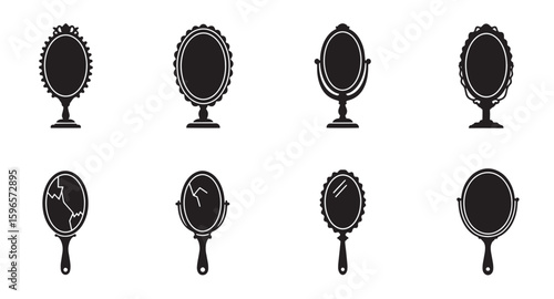 Elegant mirror silhouettes set featuring oval shapes with handles and decorative stands in black