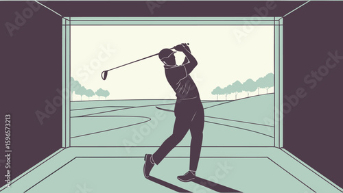 A golfer in silhouette swinging a club inside a golf simulator with a course background displayed behind