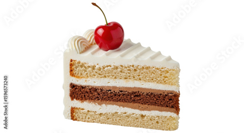 Isolated Slice of Layered Cake with Cherry