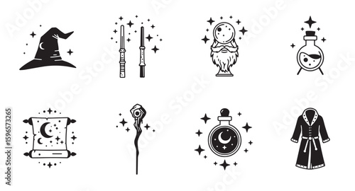 Illustrated magical elements including a wizard's hat wands potion bottle and robe in black and white