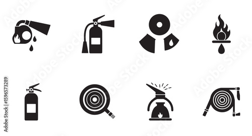 Illustrated set of fire safety equipment icons representing fire extinguishers and firefighting