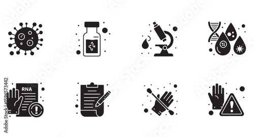 Medical research and laboratory icons depicting virology and healthcare procedures