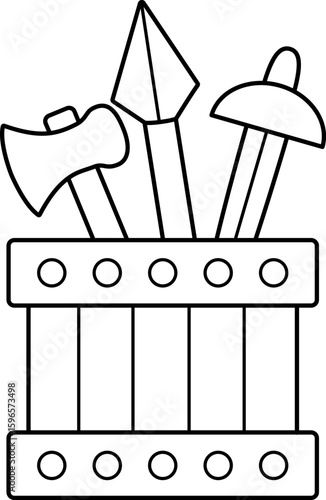 Vector black and white wooden box with sward, hammer, spear. Blacksmith or forger line illustration. Knight armor, dwarf smith products in wood crate. Coloring page with medieval weapon