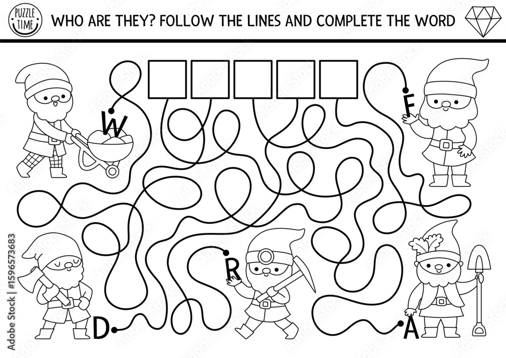Obraz premium ABC black and white labyrinth game with dwarf. Fairytale alphabet maze activity for preschool kids. Printable activity, coloring page with gnomes. Follow line to find out name of creature
