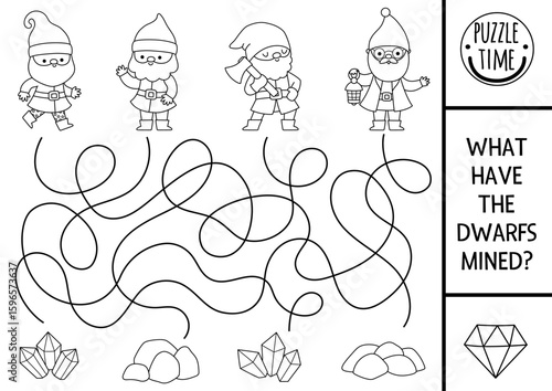 Dwarf black and white maze for kids with cute elf miners, gems and metals. Fairytale preschool printable activity. Woodland labyrinth game, coloring page, puzzle. What gnomes mined