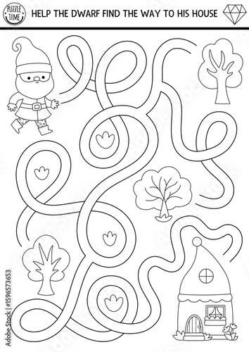 Dwarf black and white maze for kids with cute elf, trees, home. Fairytale preschool printable activity. Woodland fantasy labyrinth game, coloring page or puzzle. Help gnome find way to his house