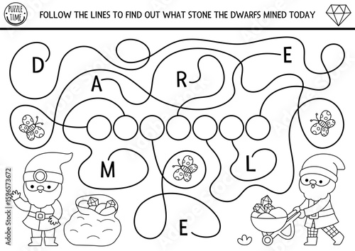 ABC black and white labyrinth game with dwarfs workers, precious stones. Fairytale alphabet maze activity or coloring page for kids. Follow lines to find out what gem gnome mined