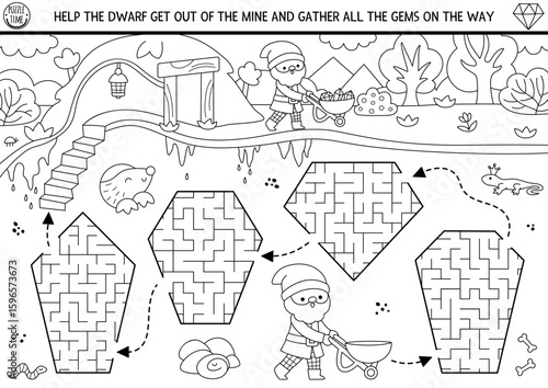 Dwarf black and white maze for kids with geometrical stones. Printable activity with underground landscape, gems. Magic labyrinth game, puzzle, coloring page. Help gnome get out of mine