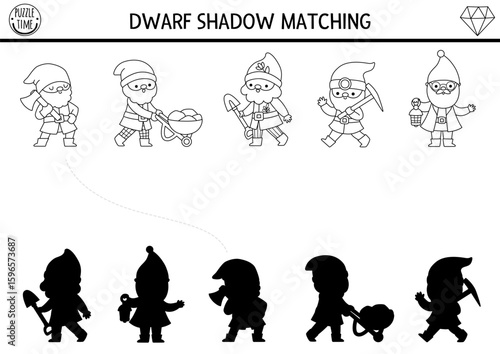 Shadow matching activity with cute dwarfs. Fairytale black and white puzzle with gnome gardener, lumberjack, miner. Find correct silhouette printable worksheet, game or coloring page for kid