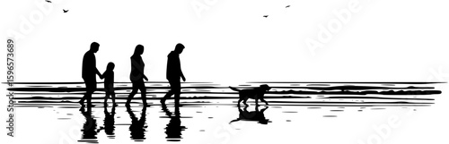 Family stroll along the beach at sunset with a playful dog on a warm evening
