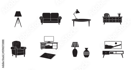 Minimalist silhouette vector illustrations of various interior design furniture and home decorations