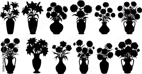Silhouettes of flowers in vases isolated on white background create a floral design
