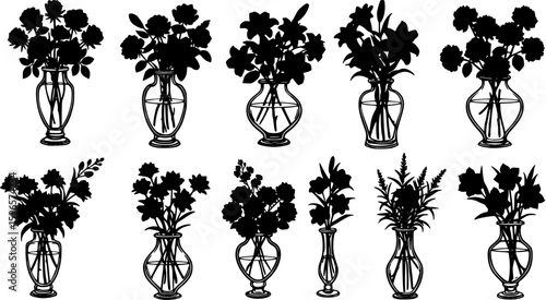 Silhouettes of flowers in vases isolated on white background create a floral design
