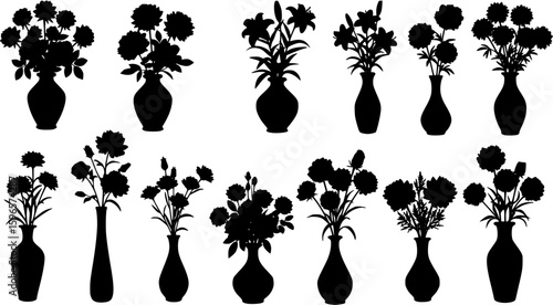 Silhouettes of flowers in vases isolated on white background create a floral design
