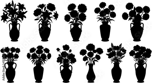 Silhouettes of flowers in vases isolated on white background create a floral design
