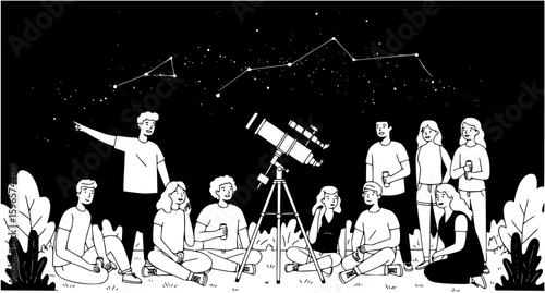 Group of friends stargazing under a clear night sky with a telescope on a warm summer evening
