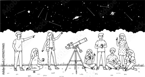 Group of friends stargazing under a clear night sky with a telescope on a warm summer evening
