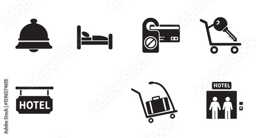 Set of hotel icons representing various services and amenities in simple black and white style
