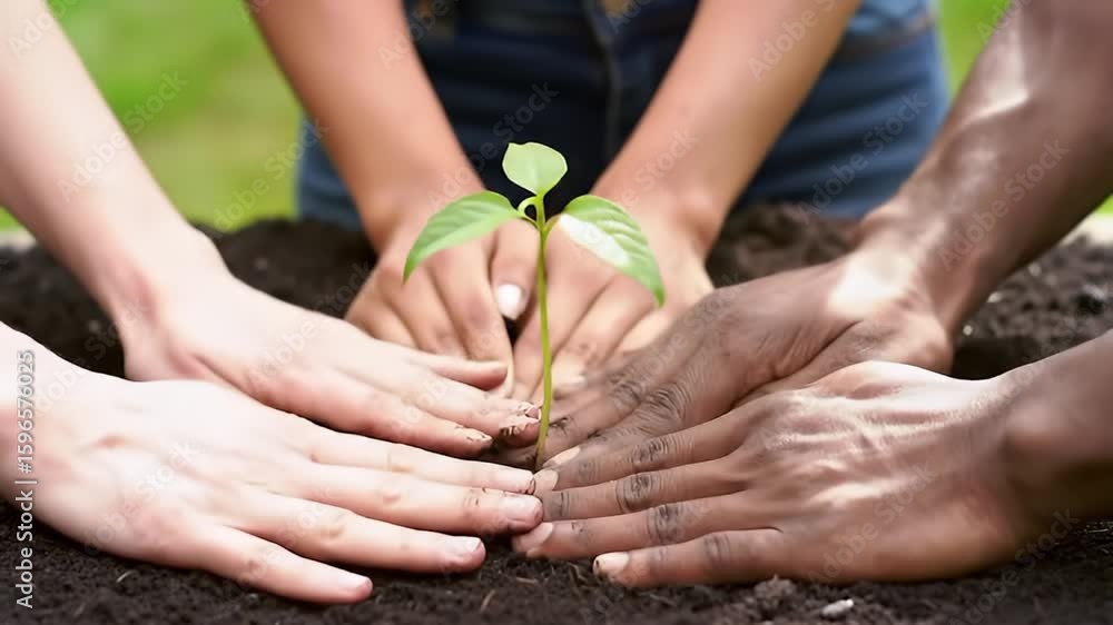 Diverse Hands Planting Seedling in Rich Soil, Representing Growth & Teamwork Diverse Hands Planting Seedling in Rich Soil, Representing Growth & Teamwork