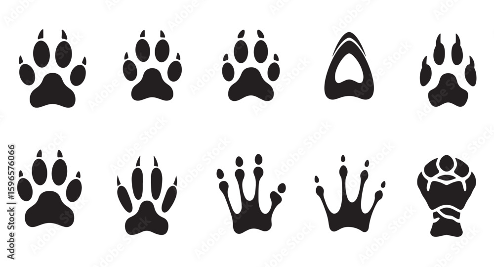 Ten different stylized black animal paw prints on a white background perfect for designs Ten different stylized black animal paw prints on a white background perfect for designs