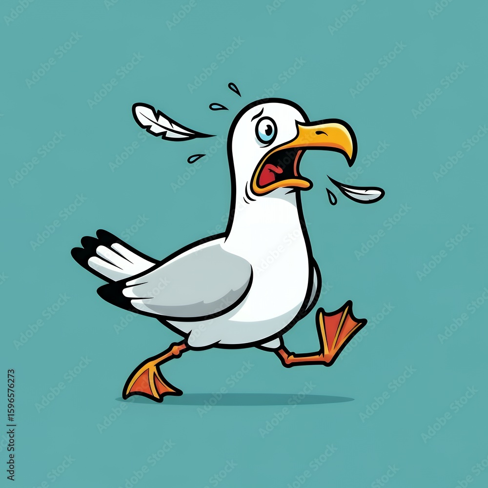 Fototapeta premium Cartoon Seagull Running with Feather and Droplets on Turquoise Background