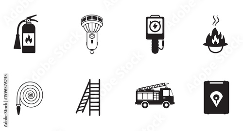 Vector icons of firefighting equipment illustrating tools for fire prevention and emergency response