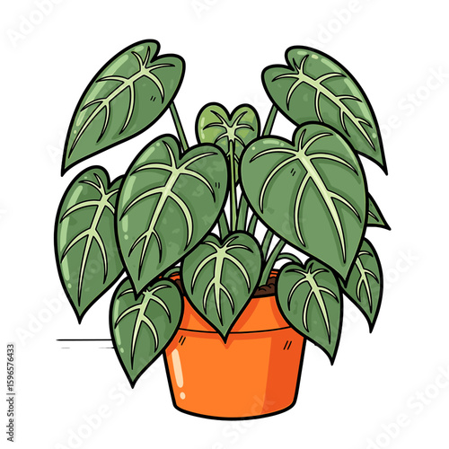 Illustration of a potted plant with large green leaves and white veins in an orange pot.