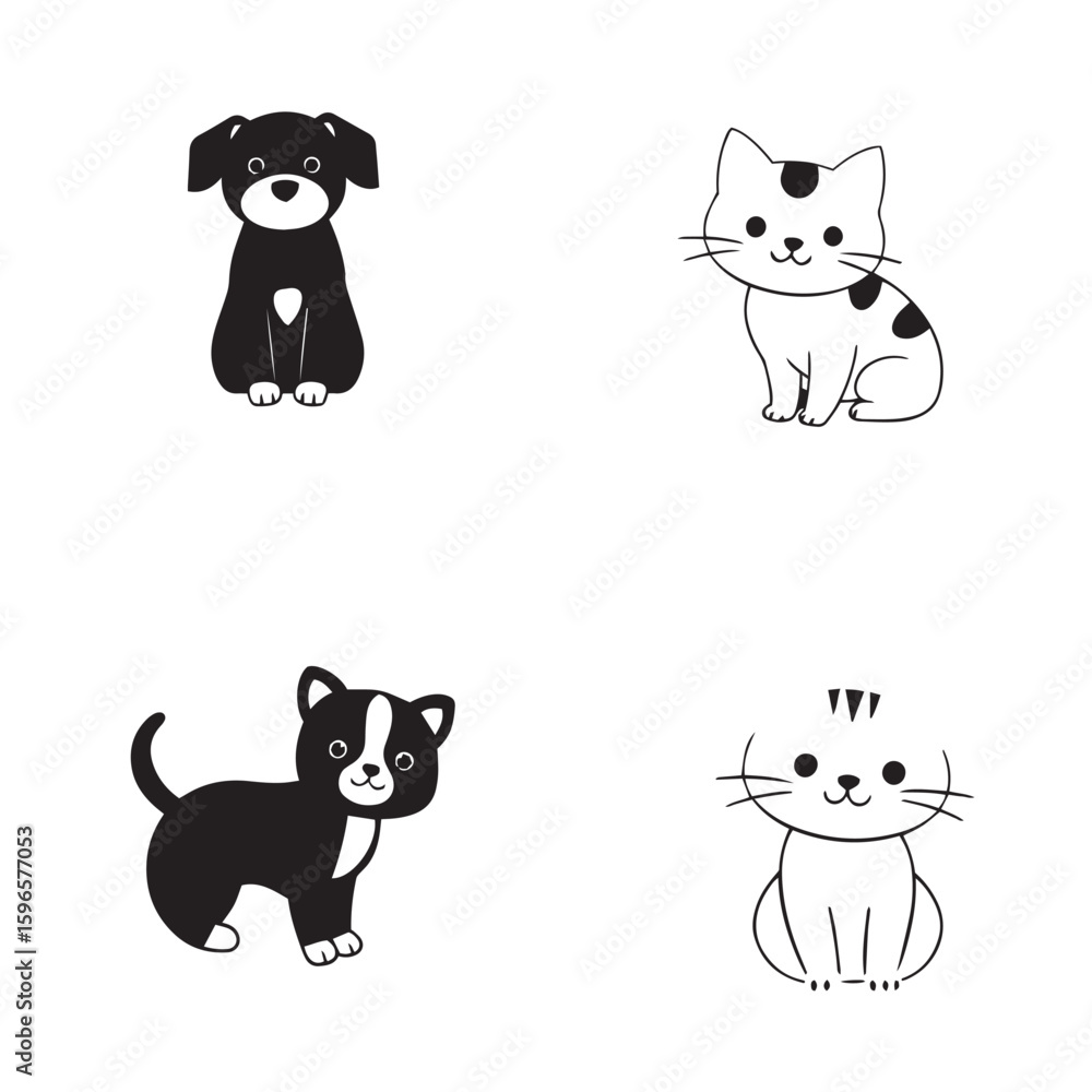 Obraz premium Cute pet dog and cat icon pack vector design concept black and white illustration.