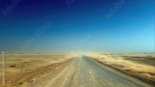 Vast Desert Landscape with a Gravel Road Under a Bright Blue Sky