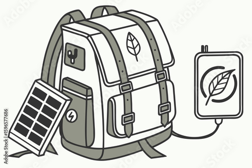 Illustration of a backpack with solar panel and a leaf logo connected to a power bank device