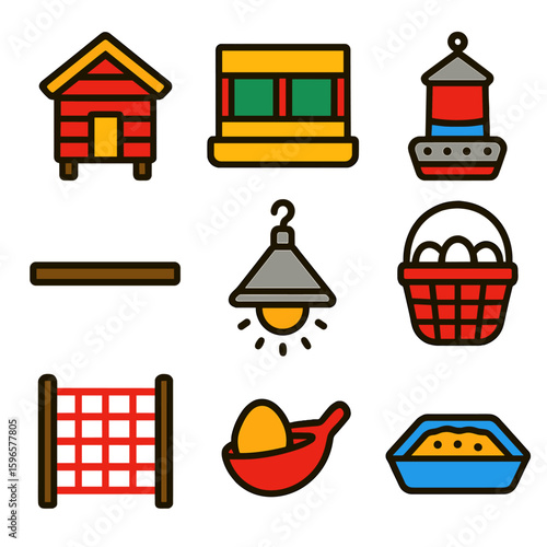 Poultry Housing Icons. Flat vector icons of poultry and bird housing tools: chicken coop icon, nesting box, feeder bin, hanging