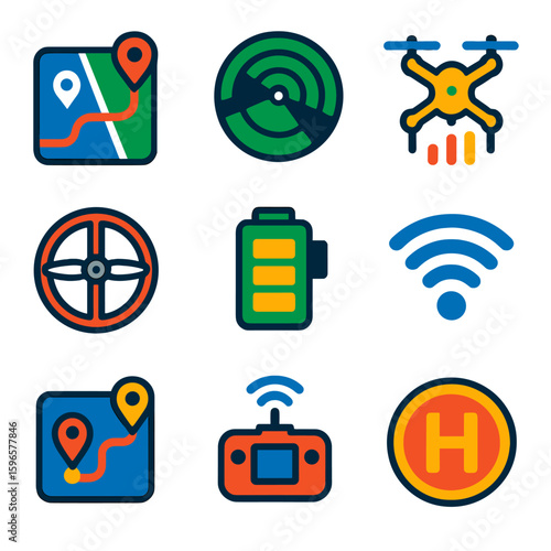 Drone Tech Icons. Flat vector icons of drone and UAV tech tools: GPS flight map, obstacle avoidance radar, quadcopter telemetry,