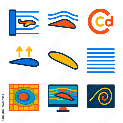 Aerodynamics Icon Set. Flat vector icons of aerodynamic simulation elements: wind tunnel model, airflow over wing, drag