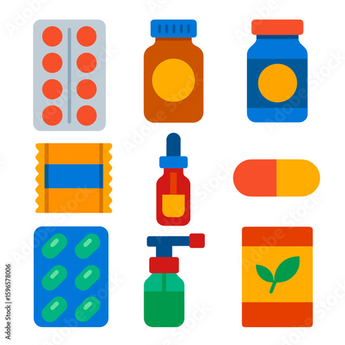 Gastrointestinal Medication Icons. Flat vector icons of gastrointestinal medication packaging: blister pack, pill bottle, liquid