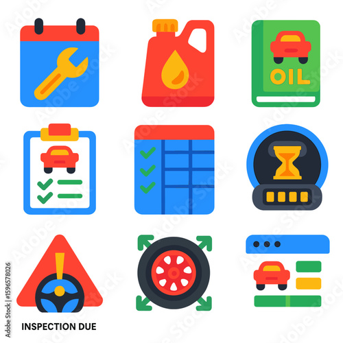 Car Maintenance Icons. Flat vector icons of car maintenance scheduling: calendar with wrench, oil change reminder, mileage logbook