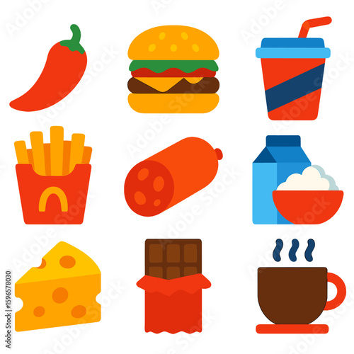 Unhealthy Food Icons. Flat vector icons of unhealthy foods for digestion: spicy pepper, greasy burger, carbonated drink, fast food