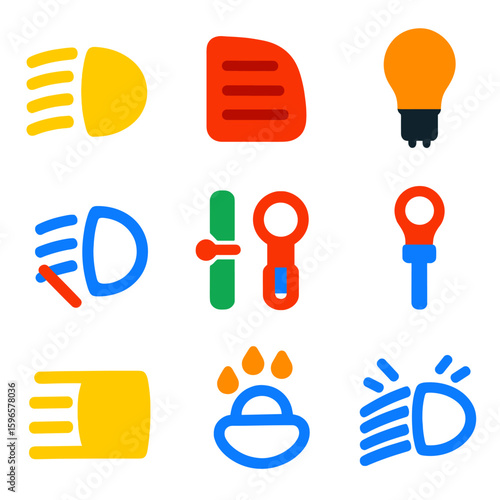 Car Light Icons. Flat vector icons of car lights and visibility systems: headlight icon, taillight symbol, indicator bulb, fog