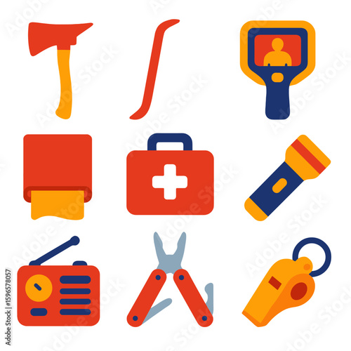 Emergency Tools Icons. Flat vector icons of emergency response tools: rescue axe, pry bar, thermal camera, fire blanket, first aid